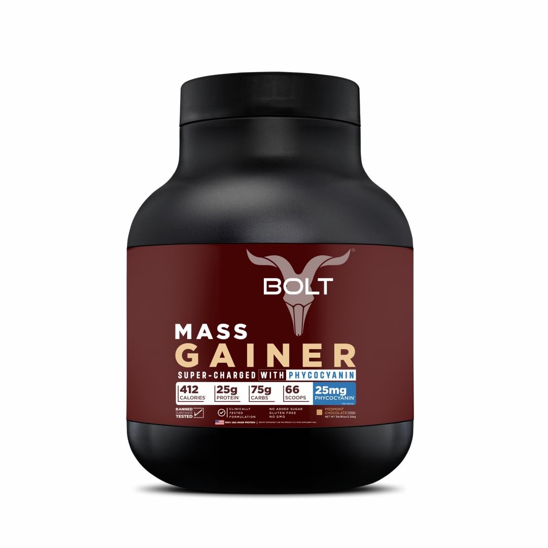 Bolt Mass Gainer | Weight Gainer | Supercharged With Phycocyanin | 25G Protein, 75G Carbs & 412 Calories For Muscle, 5Lb/2.6Kg (22 Servings) | Piedmont Chocolate - SK Supplement