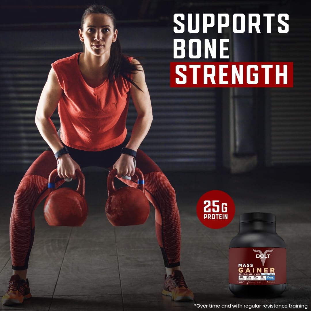 Bolt Mass Gainer | Weight Gainer | Supercharged With Phycocyanin | 25G Protein, 75G Carbs & 412 Calories For Muscle, 5Lb/2.6Kg (22 Servings) | Piedmont Chocolate - SK Supplement