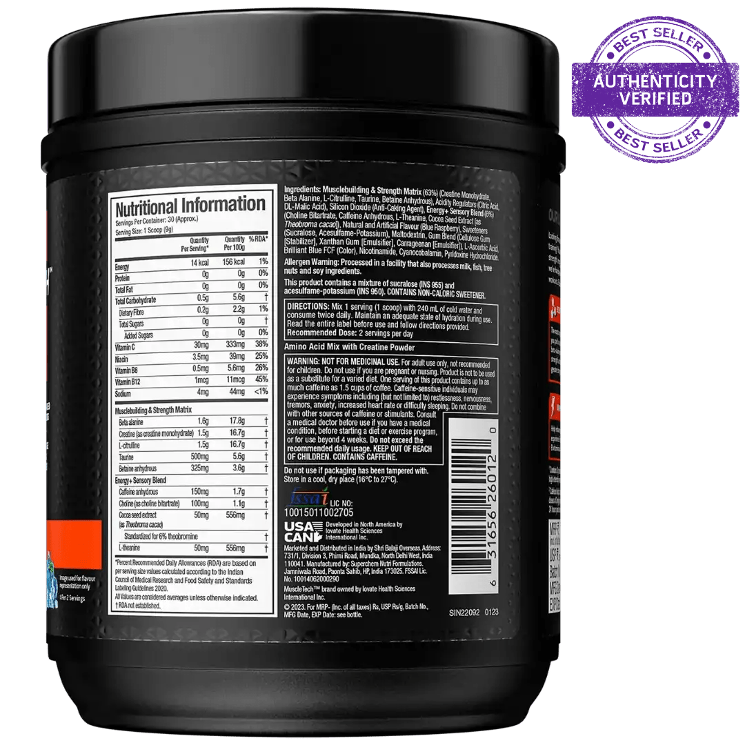 Muscletech Performance Series Vapor X5 Next Gen Pre - Workout Powder(15 Calories, 1.5g Creatine Monohydrate) - 272g (Blue Razz Freeze)) - SK Supplement
