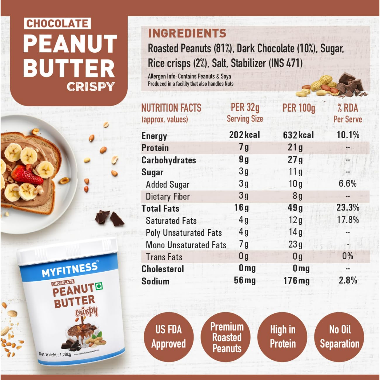 MYFITNESS Peanut Butter Chocolate Spread Crispy 1.2kg | 21g Protein & 8g Fiber | Tasty & Healthy Nut Butter Spread for Breakfast, Snacks | Cholesterol Free | Zero Trans Fat - SK Supplement