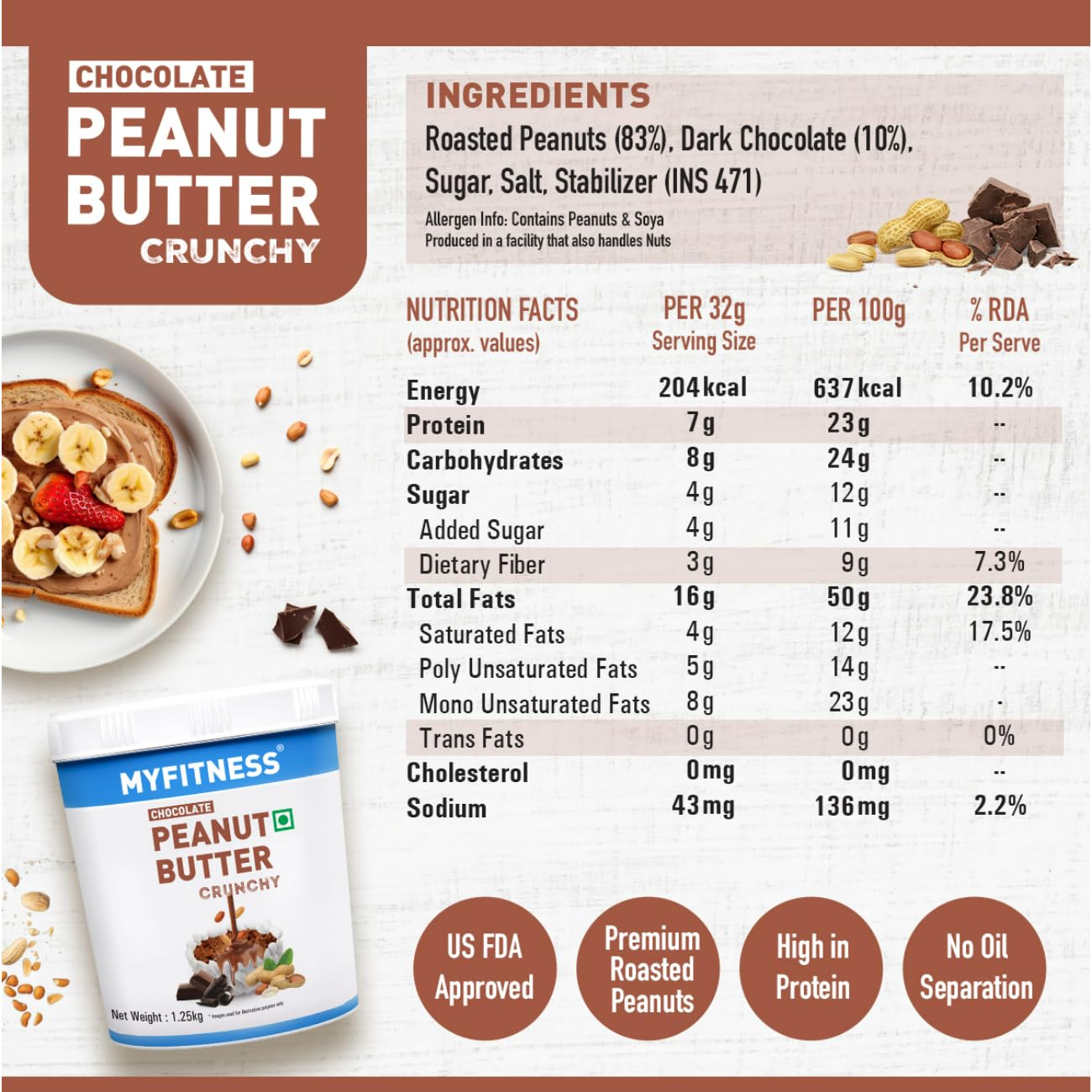 MYFITNESS Peanut Butter Chocolate Spread Crunchy 1.25kg | 23g Protein & 9g Fiber | Tasty & Healthy Nut Butter Spread for Breakfast & Snacks | Cholesterol Free | Zero Trans Fat | Crunchy Peanut Butter - SK Supplement