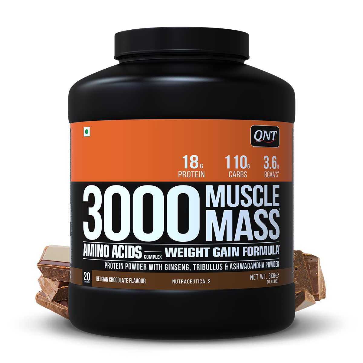 QNT Muscle Mass 3000 | Weight Gainer and Muscle Gainer Supplement | 3Kg | BELGIAN CHOCOLATE Flavour | 20 Servings (18g Protein, 1.5g Dietary Fibre, 110g Carbs) - SK Supplement