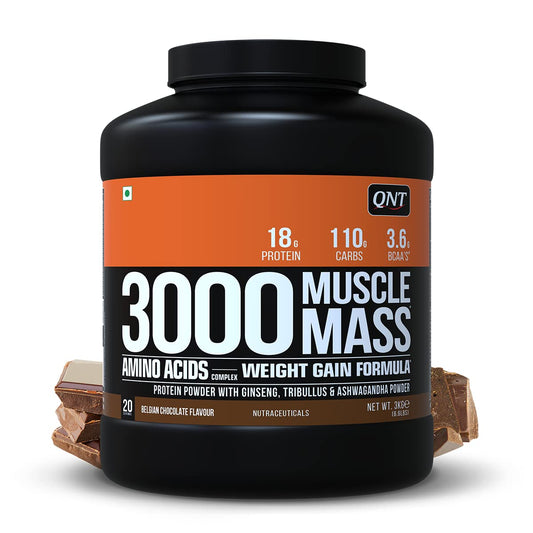 QNT Muscle Mass 3000 | Weight Gainer and Muscle Gainer Supplement | 3Kg | BELGIAN CHOCOLATE Flavour | 20 Servings (18g Protein, 1.5g Dietary Fibre, 110g Carbs) - SK Supplement