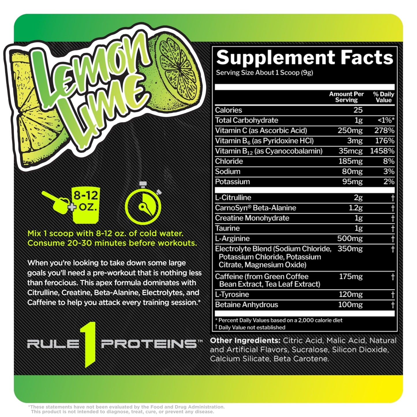 Rule 1 R1 Roar - Pre - Workout Powder with Creatine, Beta - Alanine, Citrulline, Electrolytes & Caffeine (Servings, Lemon Lime) - SK Supplement
