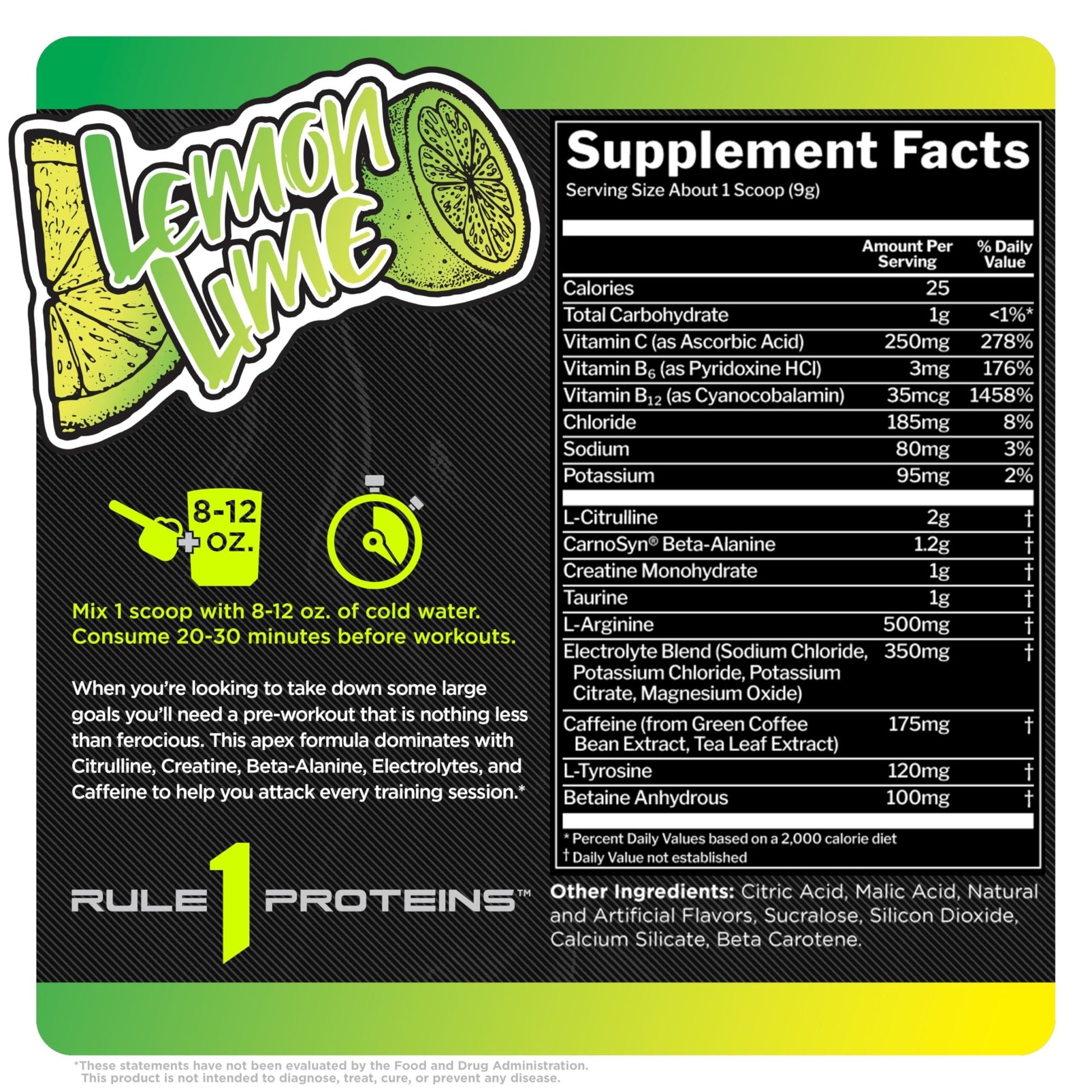 Rule 1 R1 Roar - Pre - Workout Powder with Creatine, Beta - Alanine, Citrulline, Electrolytes & Caffeine (Servings, Lemon Lime) - SK Supplement