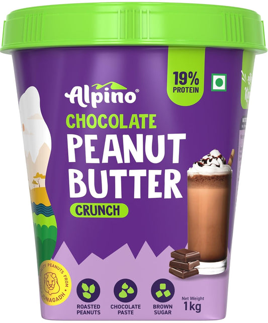 ALPINO Chocolate Peanut Butter Crunch 1kg - Roasted Peanuts, Chocolate Paste & Brown Sugar - 19% Protein, Source of Healthy Fats