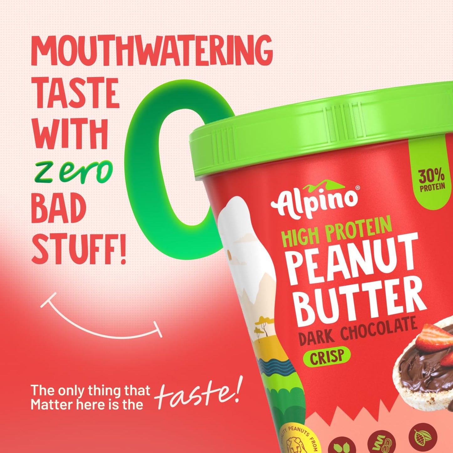 ALPINO High Protein Dark Chocolate Peanut Butter Crisp 1kg - Roasted Peanuts, Dark Chocolate, Whey Protein & Pea Protein – 30g Protein, Gluten Free - High Protein Peanut Butter Crispy