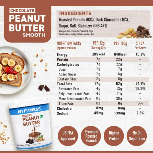 MYFITNESS Peanut Butter Chocolate Spread Smooth 1.25kg | 22g Protein & 6g Fiber | Tasty & Healthy Nut Butter Spread for Breakfast, Snacks | Cholesterol Free | Zero Trans Fat | Creamy Peanut Butter