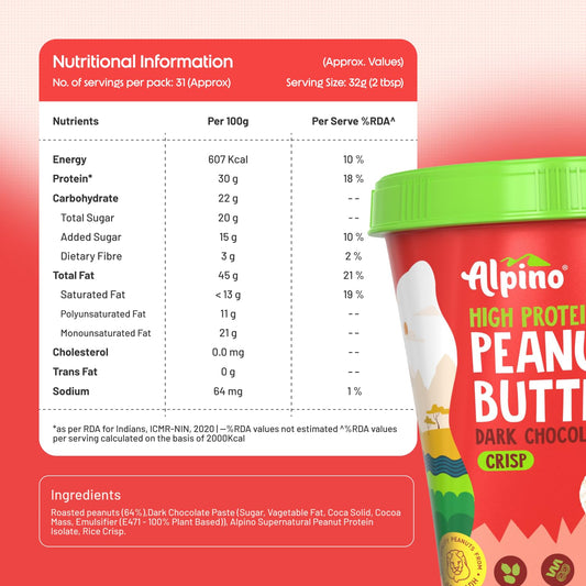 ALPINO High Protein Dark Chocolate Peanut Butter Crisp 1kg - Roasted Peanuts, Dark Chocolate, Whey Protein & Pea Protein – 30g Protein, Gluten Free - High Protein Peanut Butter Crispy