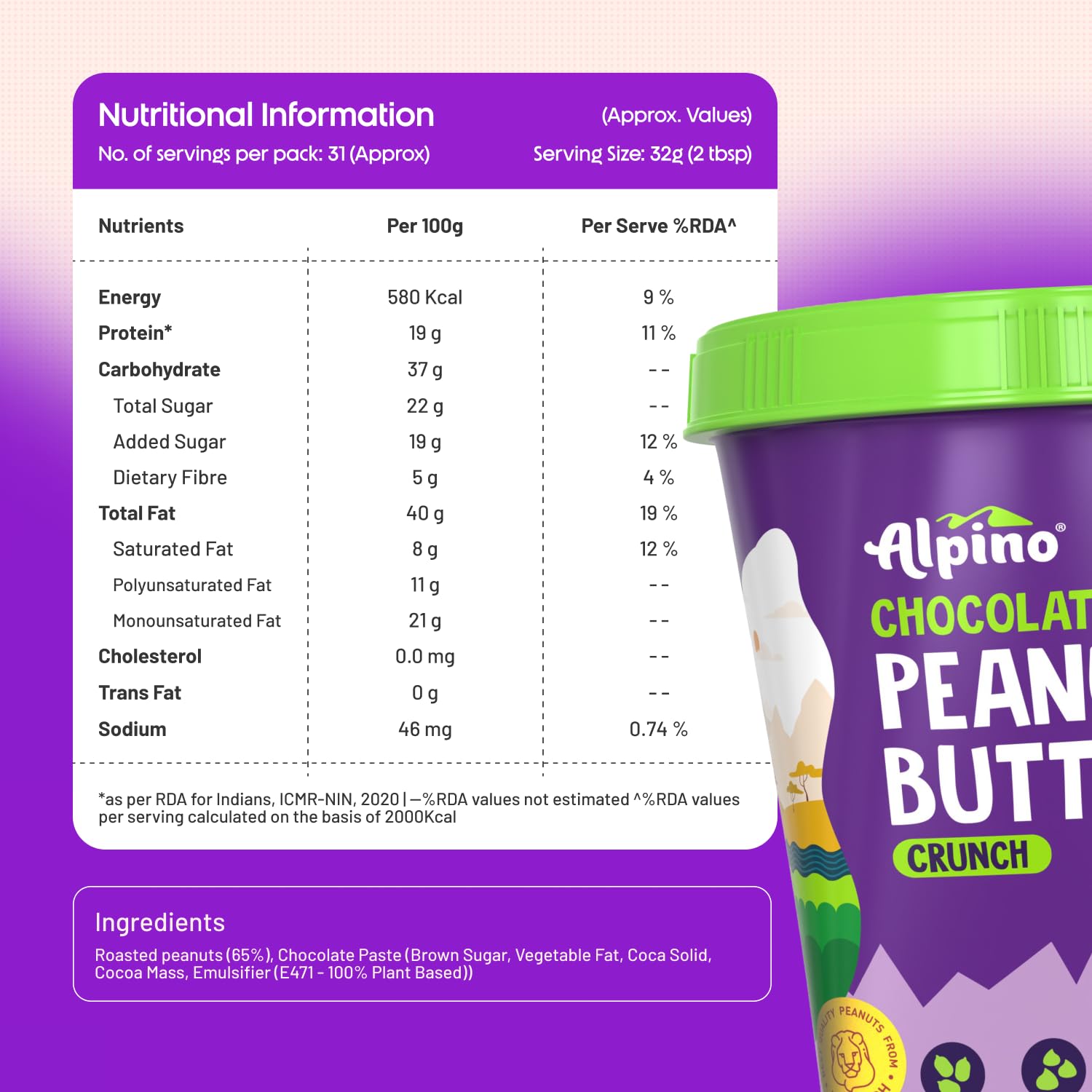 ALPINO Chocolate Peanut Butter Crunch 1kg - Roasted Peanuts, Chocolate Paste & Brown Sugar - 19% Protein, Source of Healthy Fats - SK Supplement