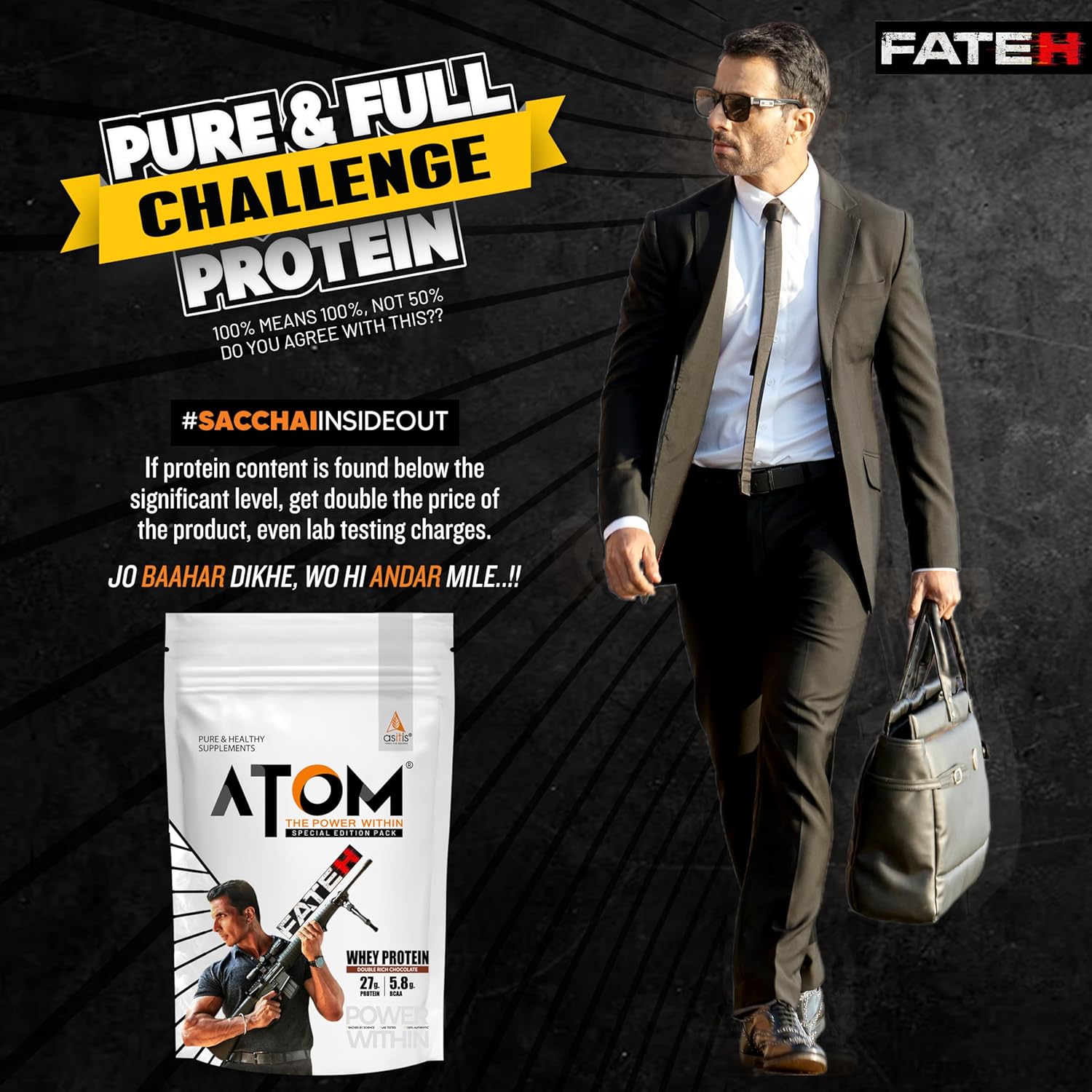 AS - IT - IS Nutrition ATOM Whey Protein 1kg | 27g protein | Isolate & Concentrate | FATEH Double Rich Chocolate | USA Labdoor Certified | With Digestive Enzymes for better absorption | Exclusive Pack - SK Supplement