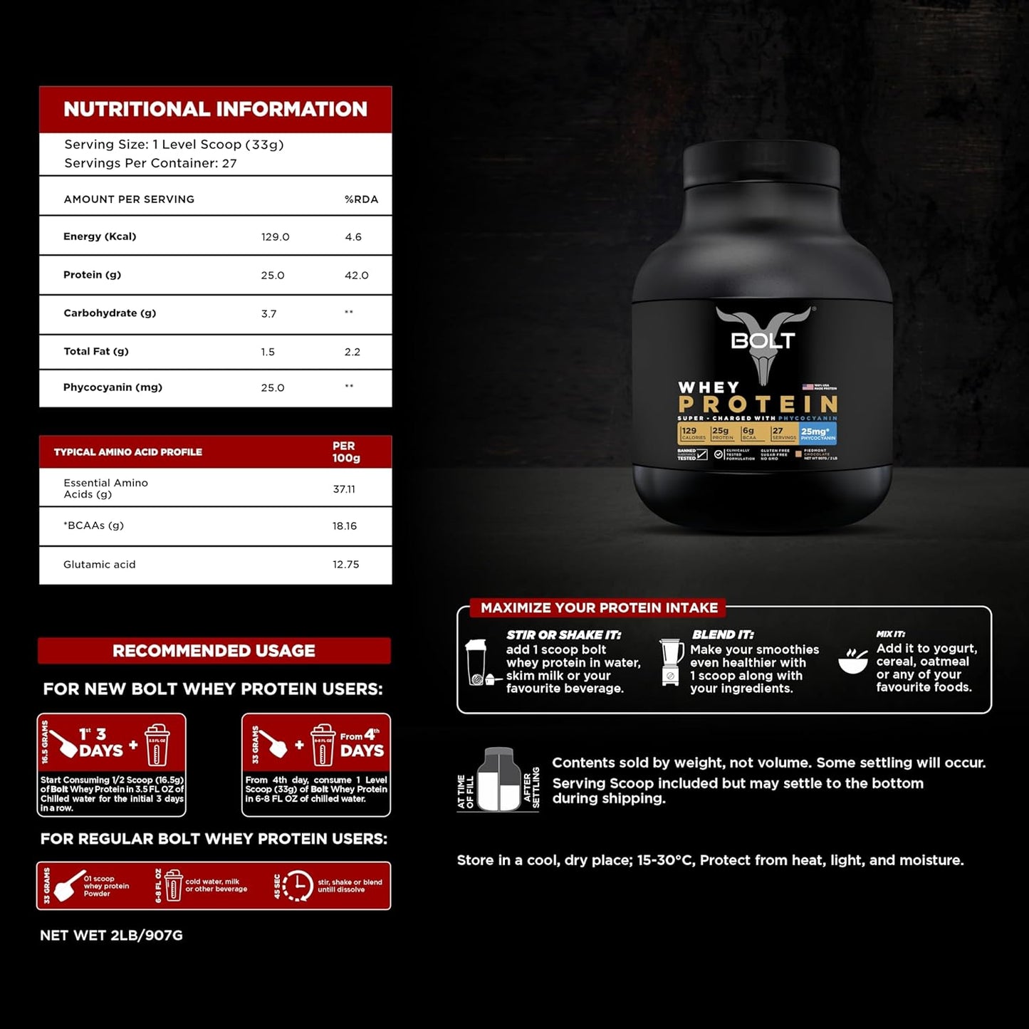 Bolt 100% Whey Protein Powder|With Superfood Phycocyanin|2Lb/907Gm (27 Servings)|Piedmont Chocolate - SK Supplement