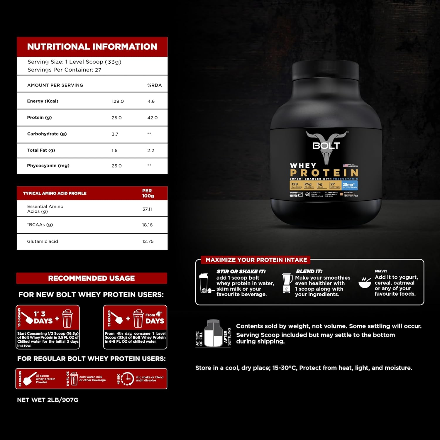 Bolt 100% Whey Protein Powder|With Superfood Phycocyanin|2Lb/907Gm (27 Servings)|Piedmont Chocolate - SK Supplement