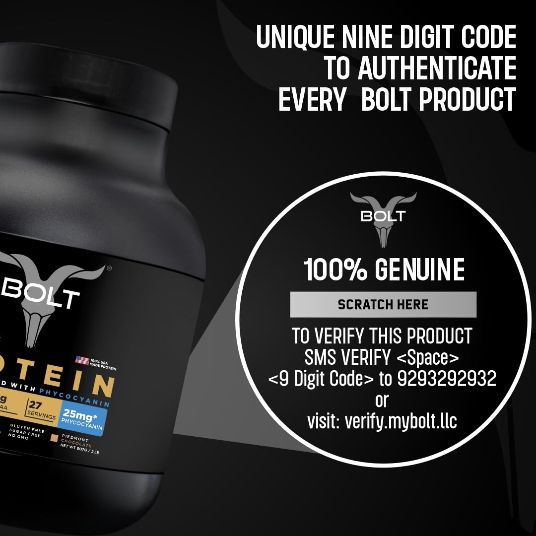 Bolt 100% Whey Protein Powder|With Superfood Phycocyanin|2Lb/907Gm (27 Servings)|Piedmont Chocolate - SK Supplement