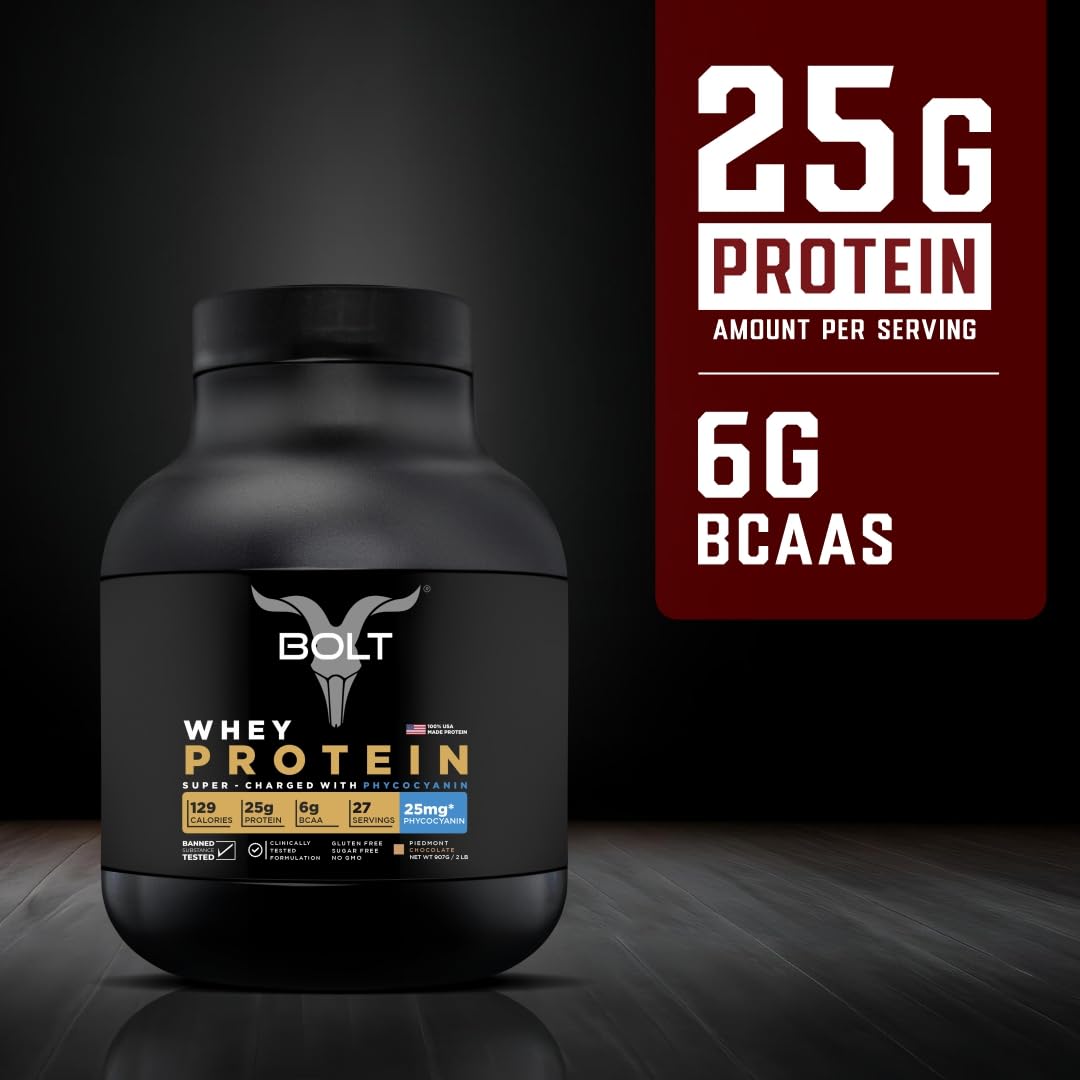 Bolt 100% Whey Protein Powder|With Superfood Phycocyanin|2Lb/907Gm (27 Servings)|Piedmont Chocolate - SK Supplement
