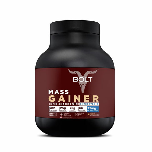 Bolt Mass Gainer | Weight Gainer | Supercharged With Phycocyanin | 25G Protein, 75G Carbs & 412 Calories For Muscle, 5Lb/2.6Kg (22 Servings) | Piedmont Chocolate - SK Supplement