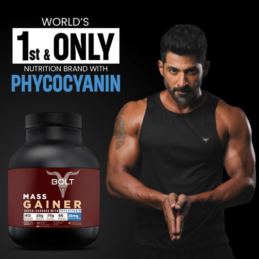 Bolt Mass Gainer | Weight Gainer | Supercharged With Phycocyanin | 25G Protein, 75G Carbs & 412 Calories For Muscle, 5Lb/2.6Kg (22 Servings) | Piedmont Chocolate - SK Supplement