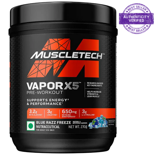 Muscletech Performance Series Vapor X5 Next Gen Pre-Workout Powder(15 Calories, 1.5g Creatine Monohydrate) - 272g (Blue Razz Freeze))