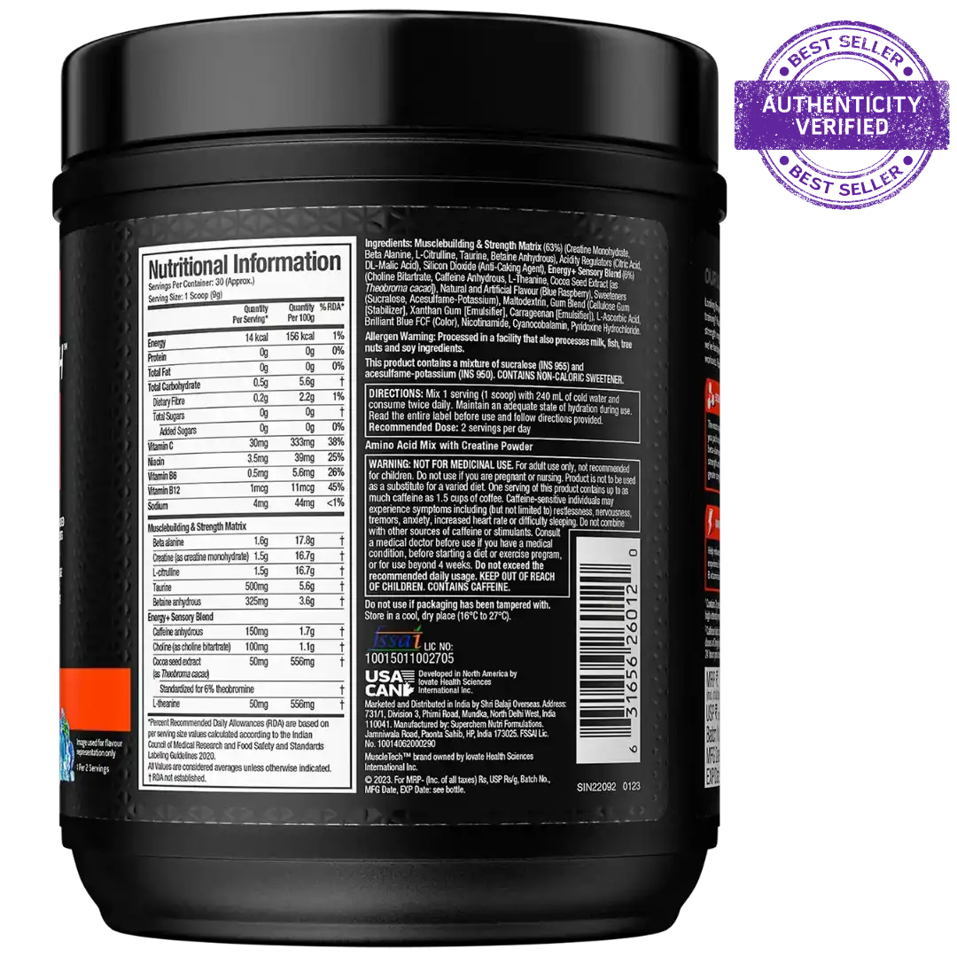 Muscletech Performance Series Vapor X5 Next Gen Pre-Workout Powder(15 Calories, 1.5g Creatine Monohydrate) - 272g (Blue Razz Freeze))