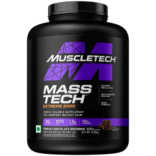 Muscletech Mass Tech Extreme 2000 High Protein Food For Weight Gain Weight Gainers/Mass Gainers (3 kg, Triple Chocolate Brownie) - SK Supplement