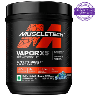 Muscletech Performance Series Vapor X5 Next Gen Pre-Workout Powder(15 Calories, 1.5g Creatine Monohydrate) - 272g (Blue Razz Freeze))