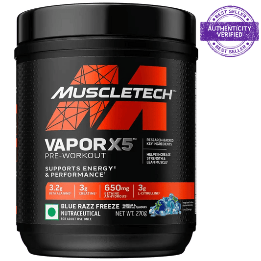 Muscletech Performance Series Vapor X5 Next Gen Pre - Workout Powder(15 Calories, 1.5g Creatine Monohydrate) - 272g (Blue Razz Freeze)) - SK Supplement
