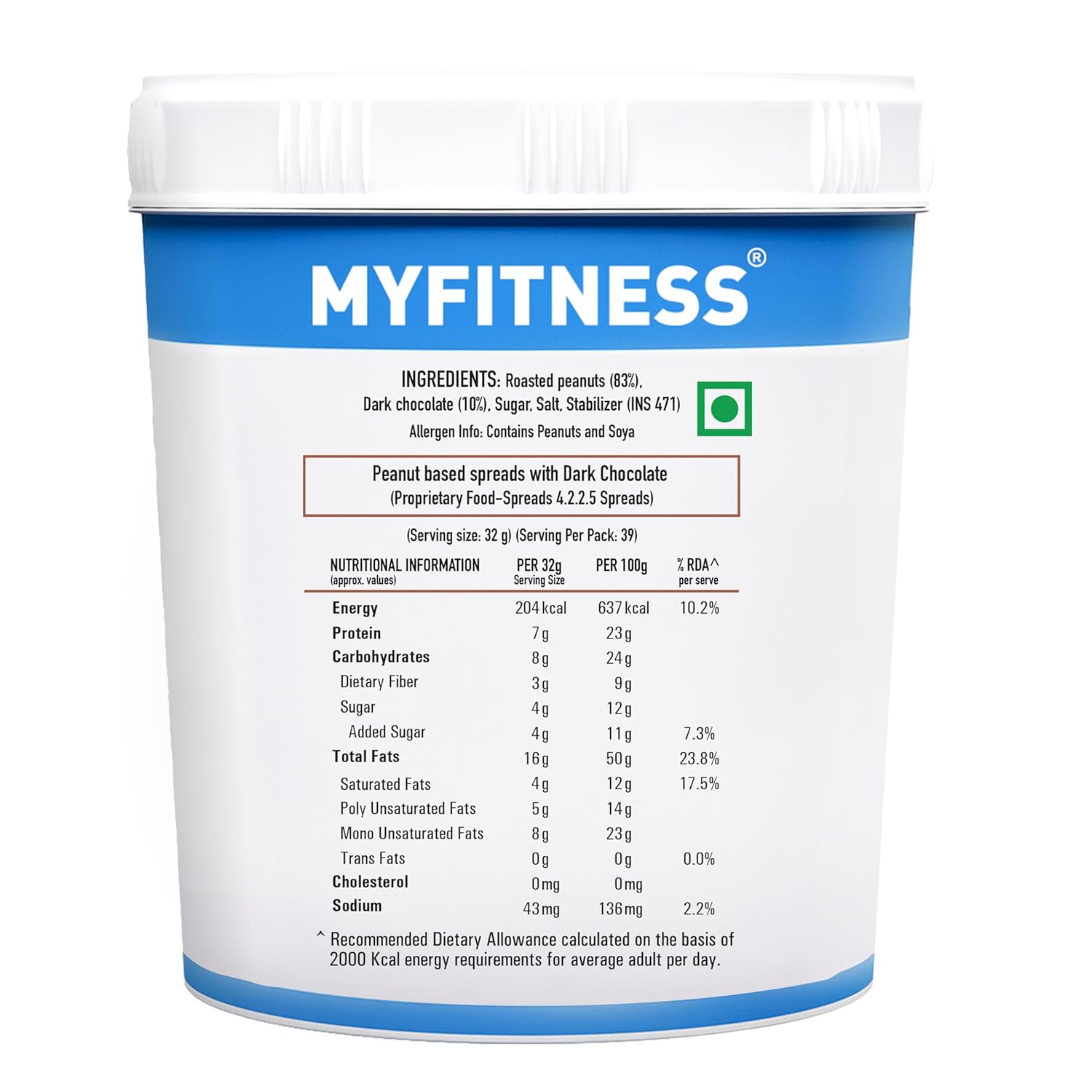 MYFITNESS Peanut Butter Chocolate Spread Crunchy 1.25kg | 23g Protein & 9g Fiber | Tasty & Healthy Nut Butter Spread for Breakfast & Snacks | Cholesterol Free | Zero Trans Fat | Crunchy Peanut Butter - SK Supplement