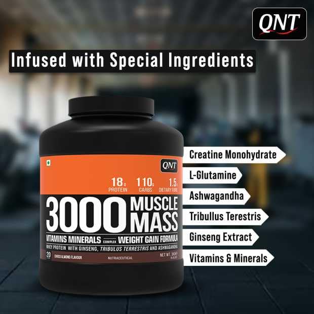 QNT Muscle Mass 3000 | Weight Gainer and Muscle Gainer Supplement | 3Kg | BELGIAN CHOCOLATE Flavour | 20 Servings (18g Protein, 1.5g Dietary Fibre, 110g Carbs) - SK Supplement