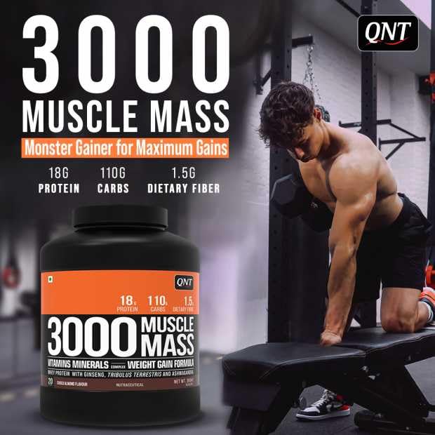 QNT Muscle Mass 3000 | Weight Gainer and Muscle Gainer Supplement | 3Kg | BELGIAN CHOCOLATE Flavour | 20 Servings (18g Protein, 1.5g Dietary Fibre, 110g Carbs) - SK Supplement