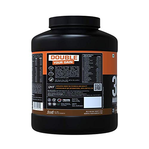 QNT Muscle Mass 3000 | Weight Gainer and Muscle Gainer Supplement | 3Kg | BELGIAN CHOCOLATE Flavour | 20 Servings (18g Protein, 1.5g Dietary Fibre, 110g Carbs) - SK Supplement
