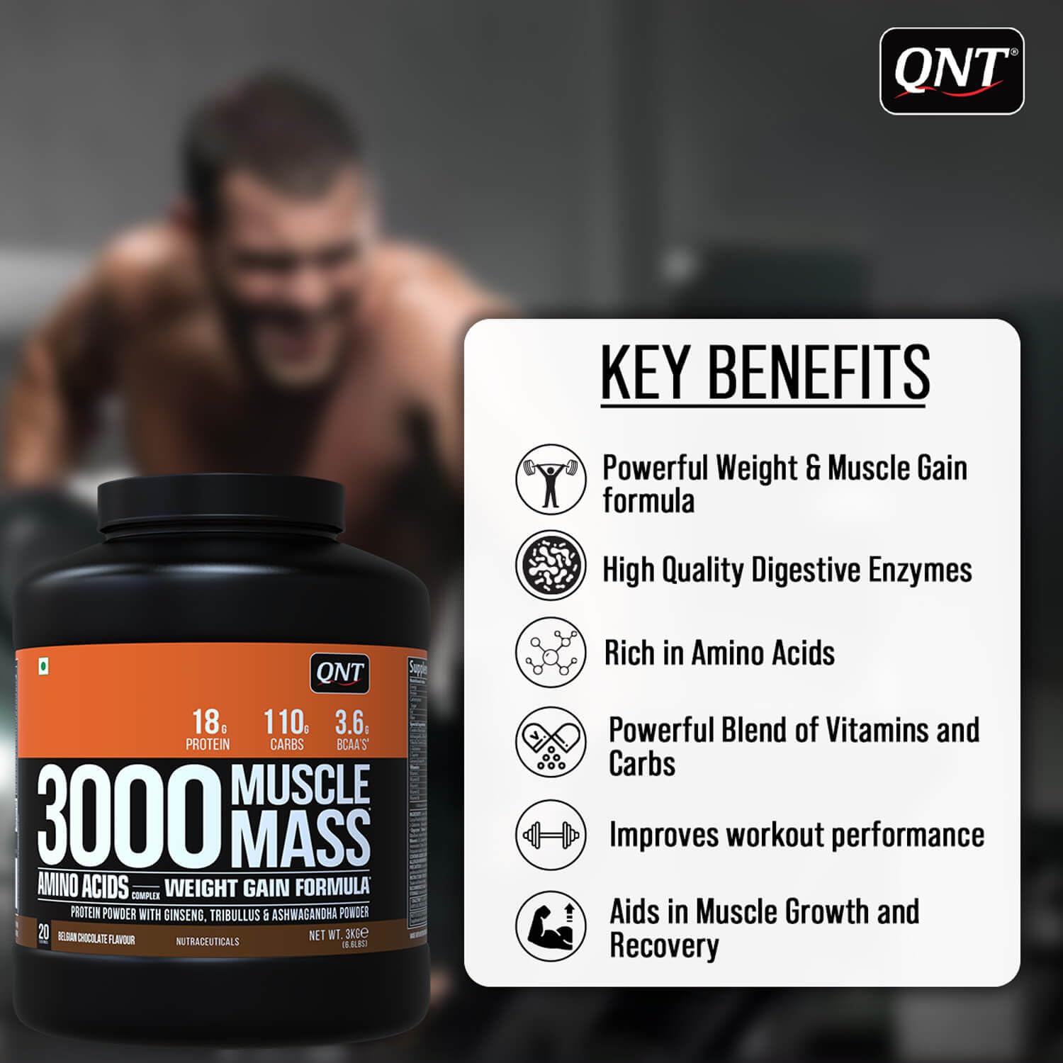 QNT Muscle Mass 3000 | Weight Gainer and Muscle Gainer Supplement | 3Kg | BELGIAN CHOCOLATE Flavour | 20 Servings (18g Protein, 1.5g Dietary Fibre, 110g Carbs) - SK Supplement