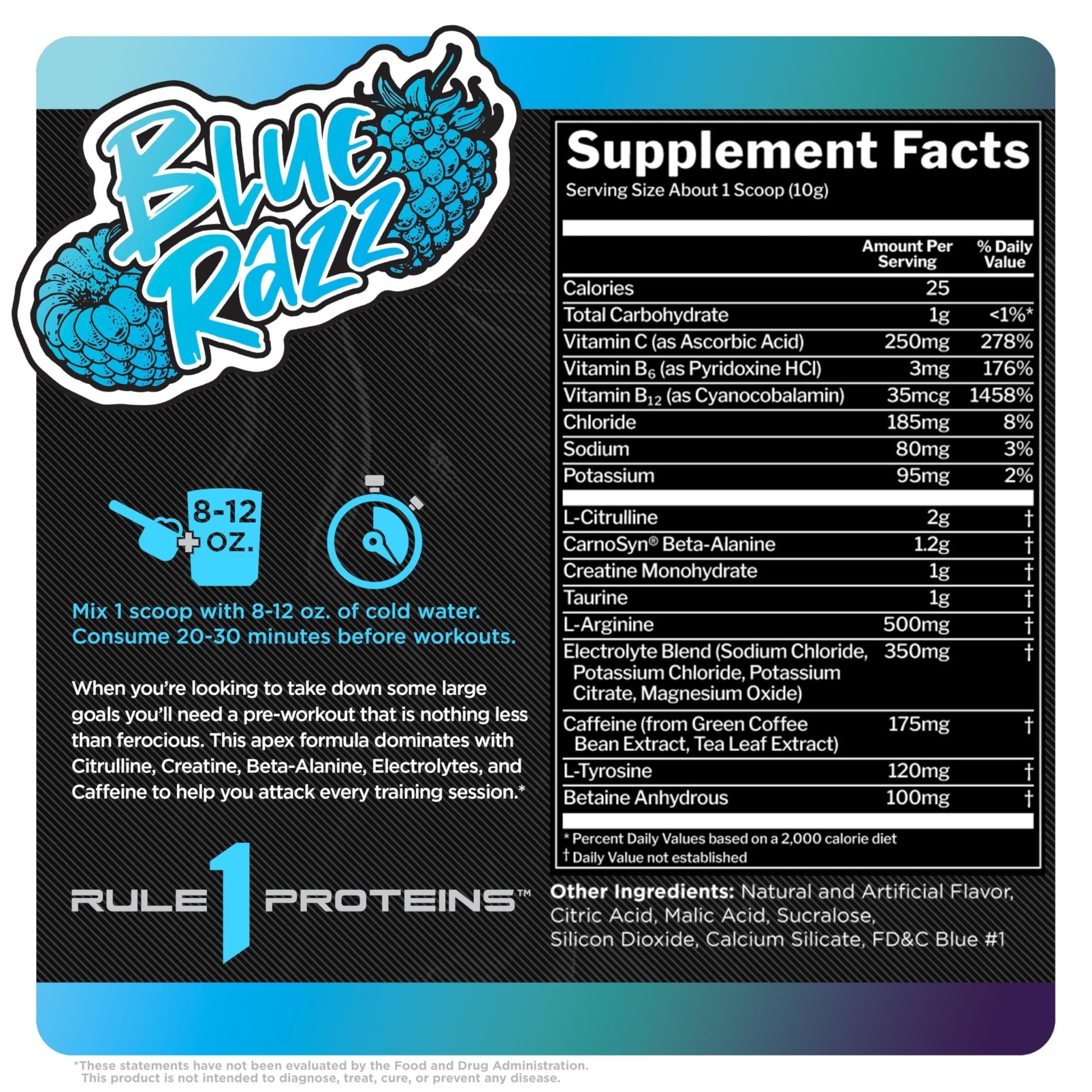 Rule 1 R1 Roar - Pre - Workout Powder with Creatine, Beta - Alanine, Citrulline, Electrolytes & Caffeine (30 Servings, Blue Razz) - SK Supplement