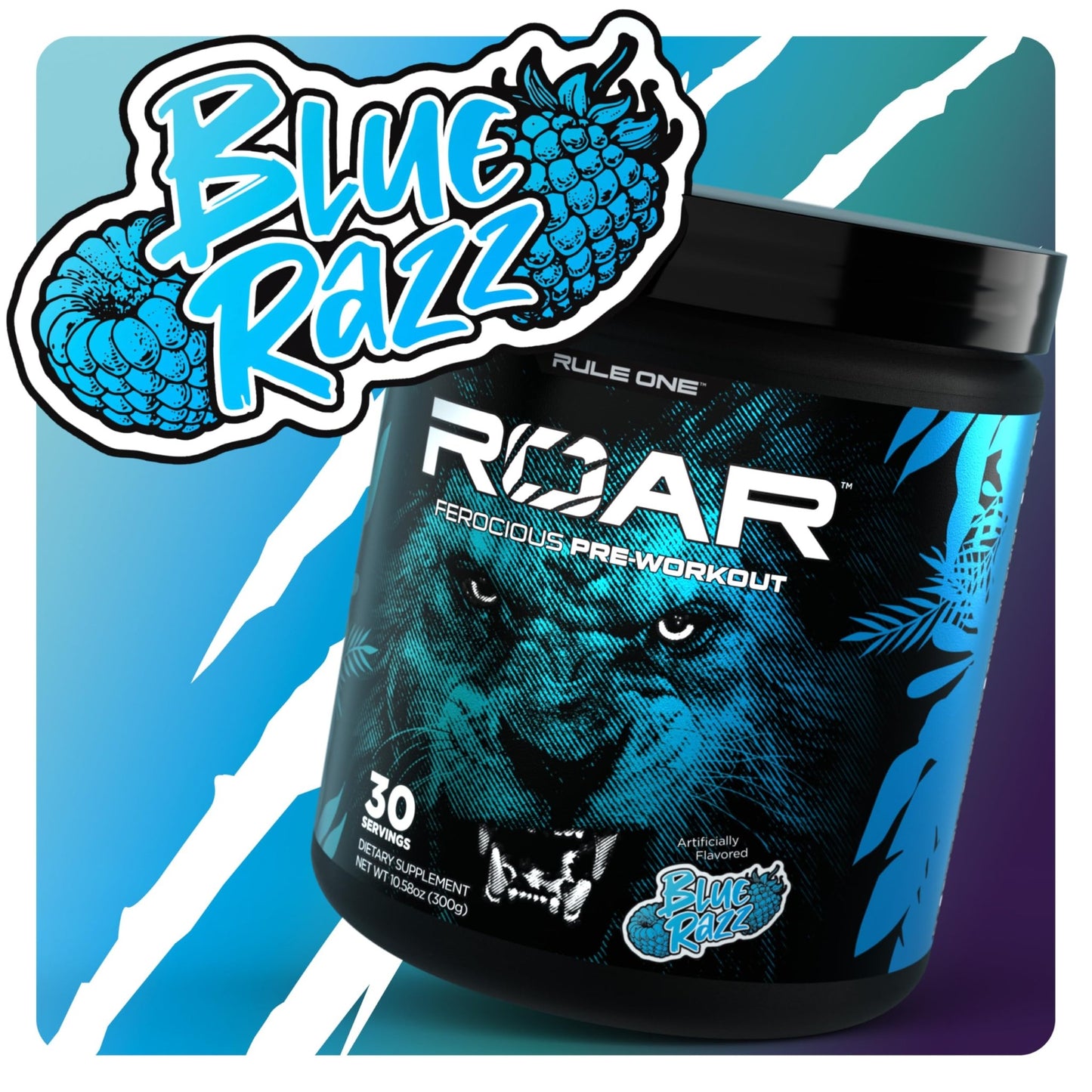 Rule 1 R1 Roar - Pre - Workout Powder with Creatine, Beta - Alanine, Citrulline, Electrolytes & Caffeine (30 Servings, Blue Razz) - SK Supplement