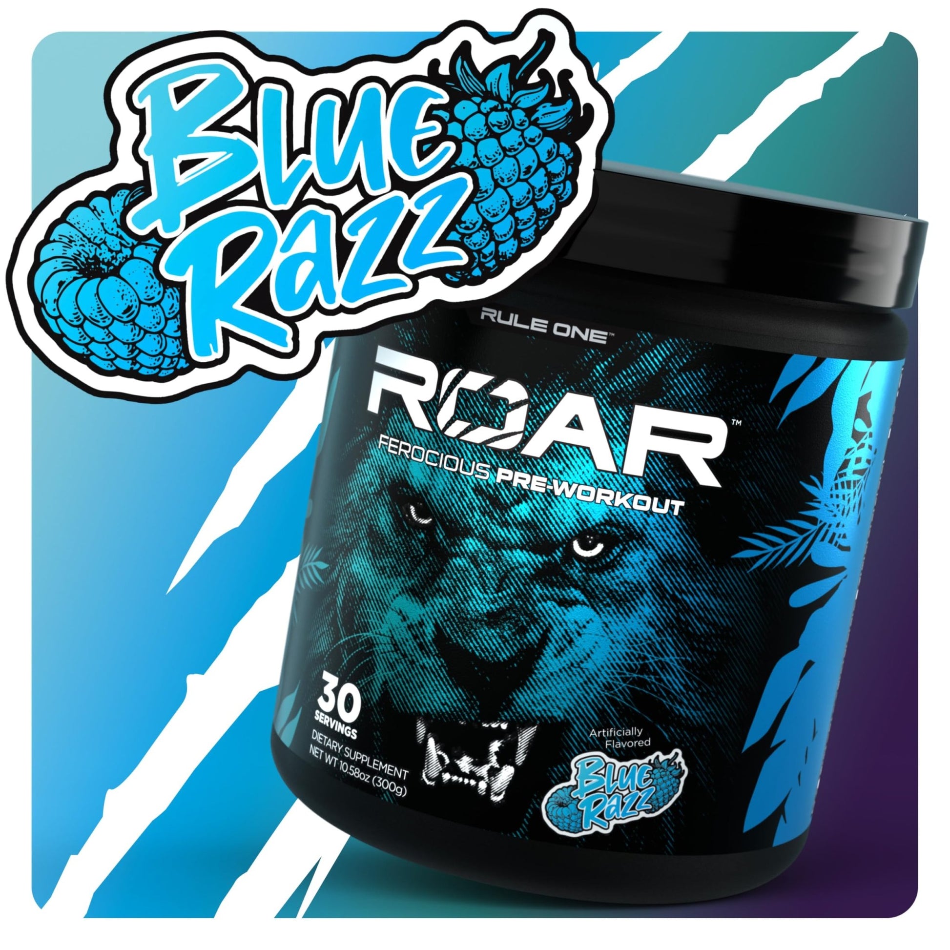 Rule 1 R1 Roar - Pre - Workout Powder with Creatine, Beta - Alanine, Citrulline, Electrolytes & Caffeine (30 Servings, Blue Razz) - SK Supplement