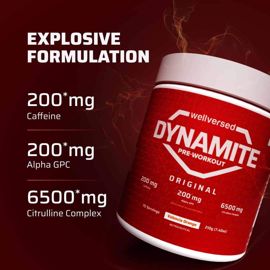Wellversed Dynamite Pre - Workout (210g, 15 Servings)|Valencia Orange|Pre - Workout For Men & Women With 200mg Alpha GPC|200mg Caffeine|6500mg Citrulline Complex|1000mg Creatine, powder, 1 count - SK Supplement