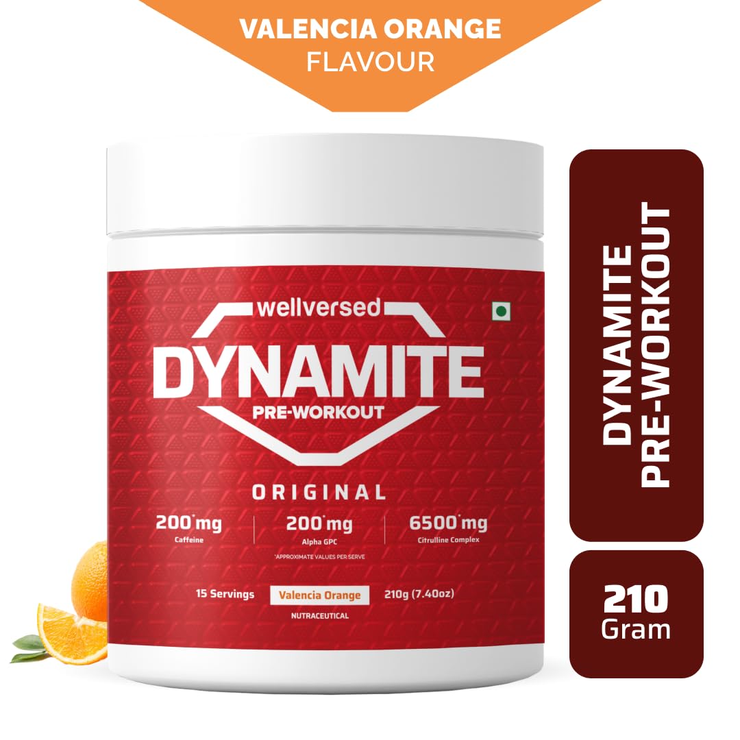 Wellversed Dynamite Pre - Workout (210g, 15 Servings)|Valencia Orange|Pre - Workout For Men & Women With 200mg Alpha GPC|200mg Caffeine|6500mg Citrulline Complex|1000mg Creatine, powder, 1 count - SK Supplement