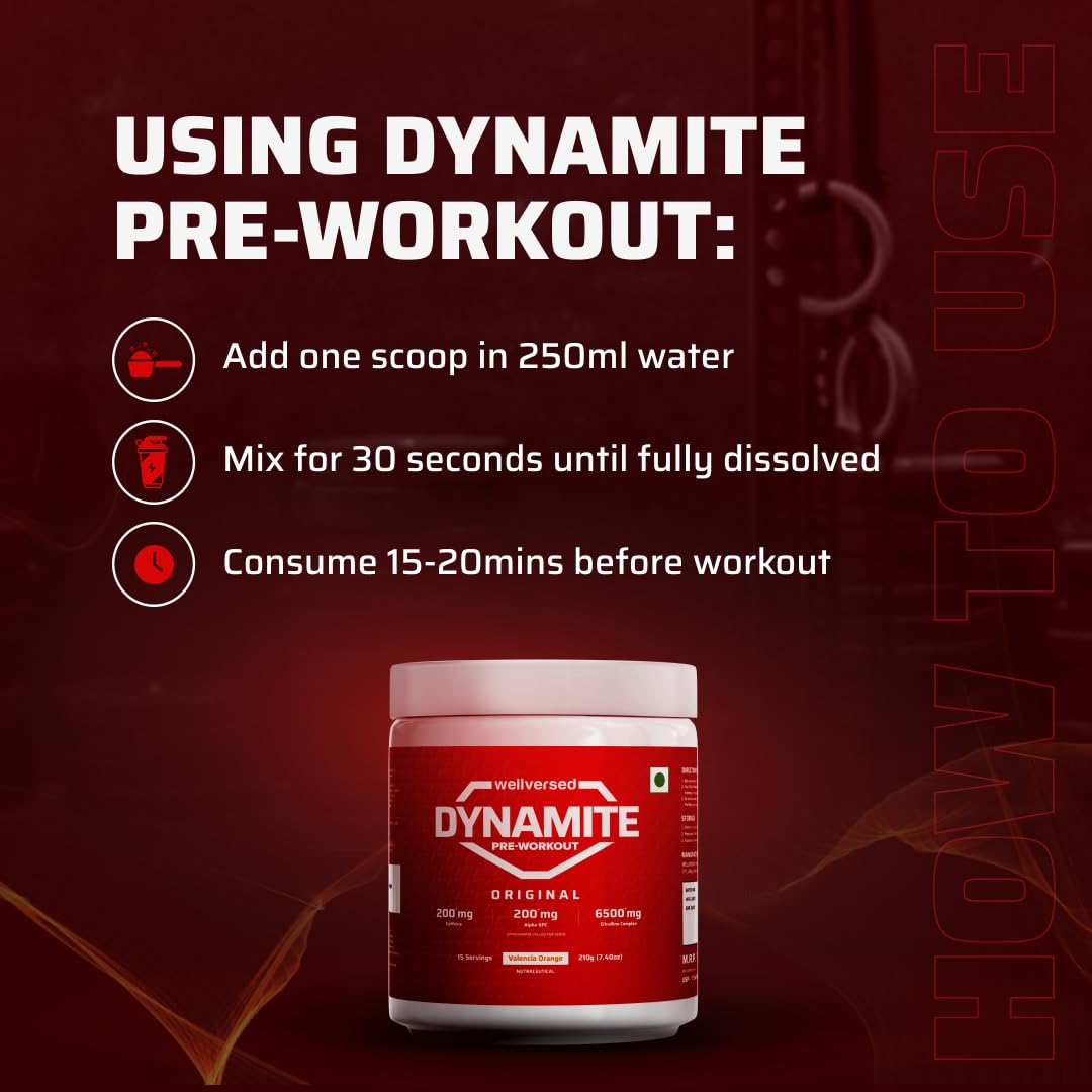 Wellversed Dynamite Pre - Workout (210g, 15 Servings)|Valencia Orange|Pre - Workout For Men & Women With 200mg Alpha GPC|200mg Caffeine|6500mg Citrulline Complex|1000mg Creatine, powder, 1 count - SK Supplement